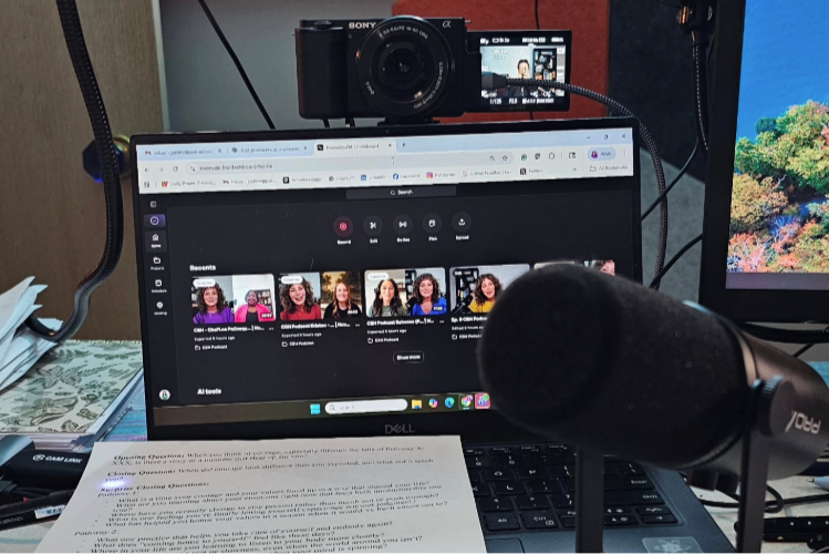 podcast setup with images of Courage is Built Here podcast guests